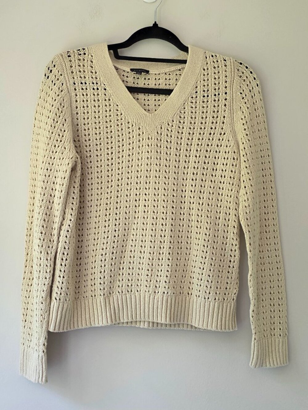 TALBOTS Open Knit V-Neck Sweater | Small | Ribbing Oatmeal Cream 100% Cotton